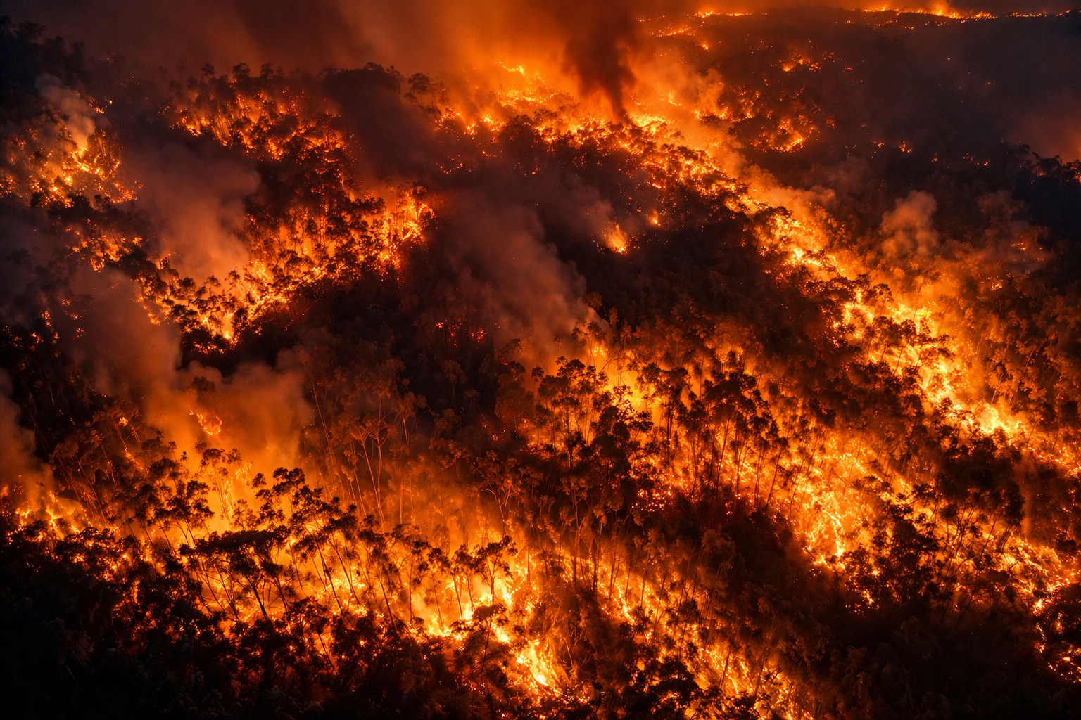 Incêndio florestal noturno em uma propriedade rural — cenário que a Attempo monitora em tempo real